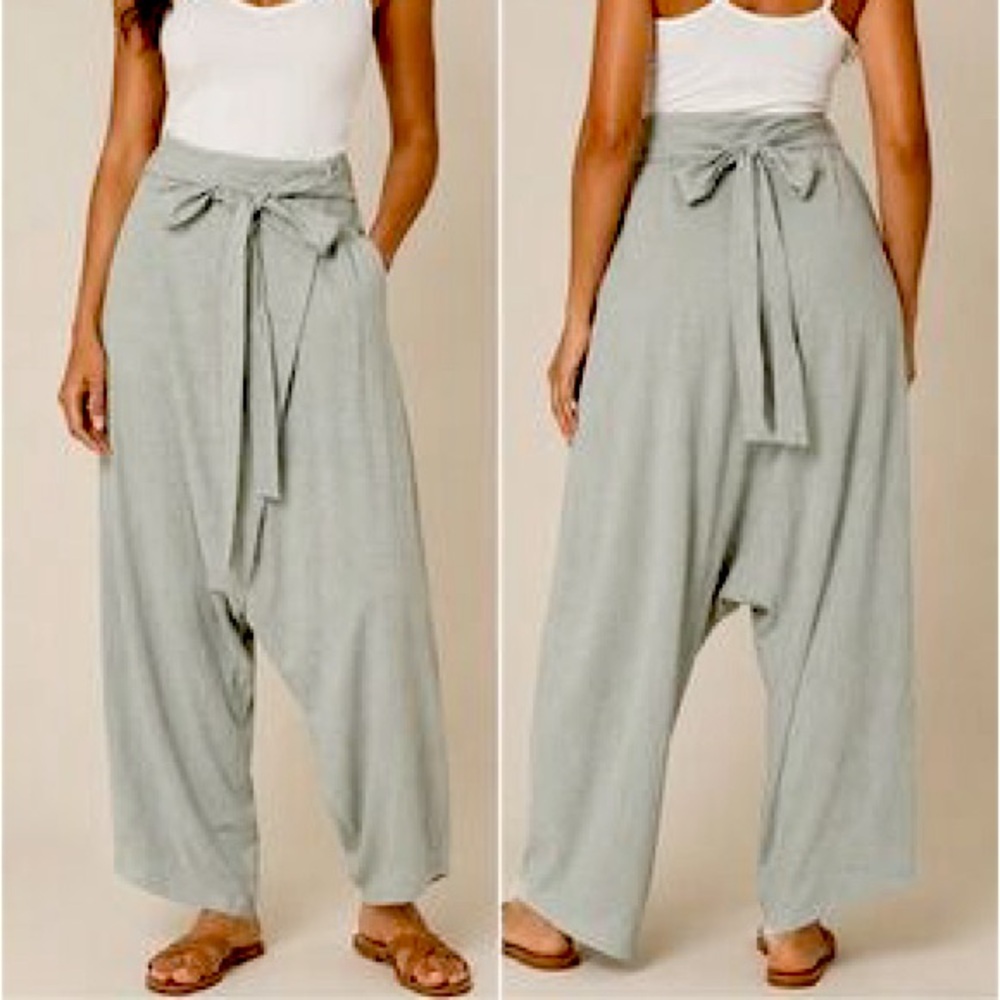 Zara Green Tie Waist Draped Drop Crotch 100% Cotton Harem Style Pants, NWT Sz M